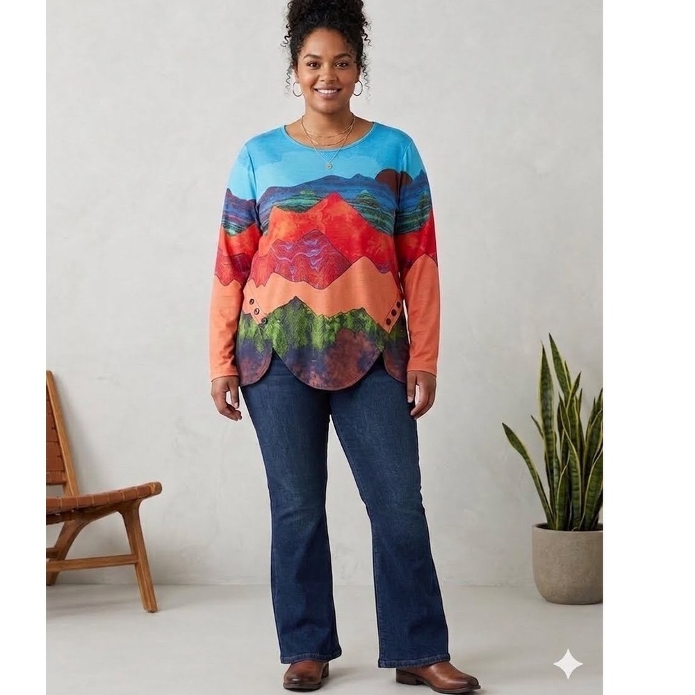 Misslook Landscape Graphic Top 2XL Multicolor Mountain Print Button Tulip Hem